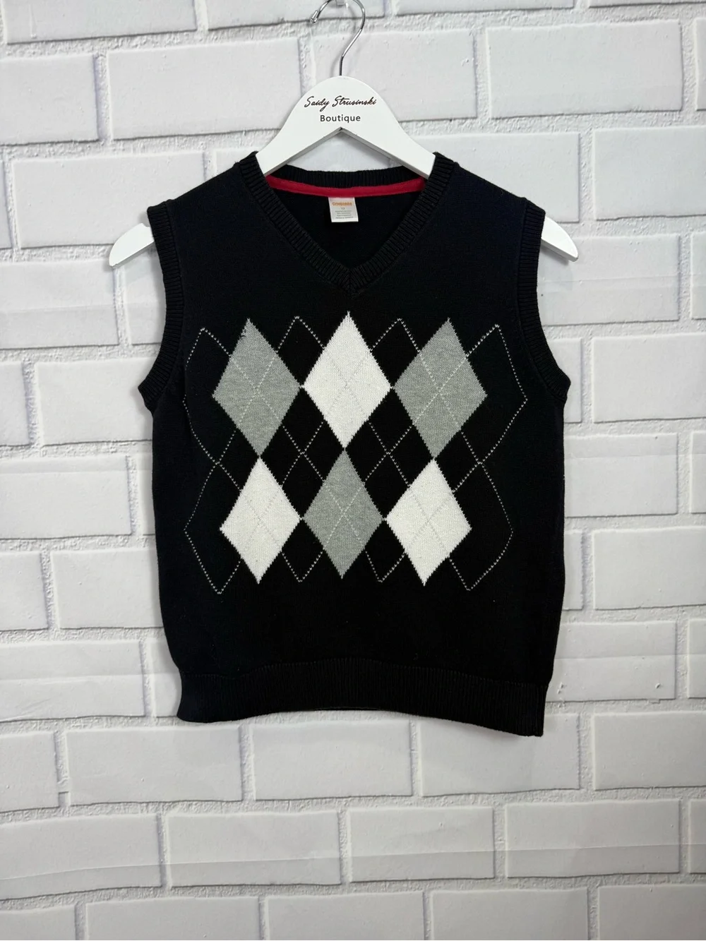 Gymboree Boys Argyle Sweater Vest Size 12 Black Gray White V-Neck Cotton Preppy